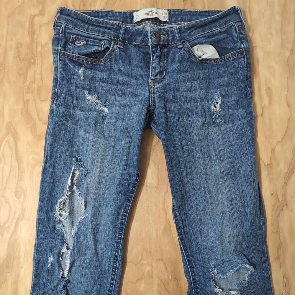 Hollister Women's Super Skinny Ripped Jeans 30"x33" Long 7 Medium Wash Destroyed
